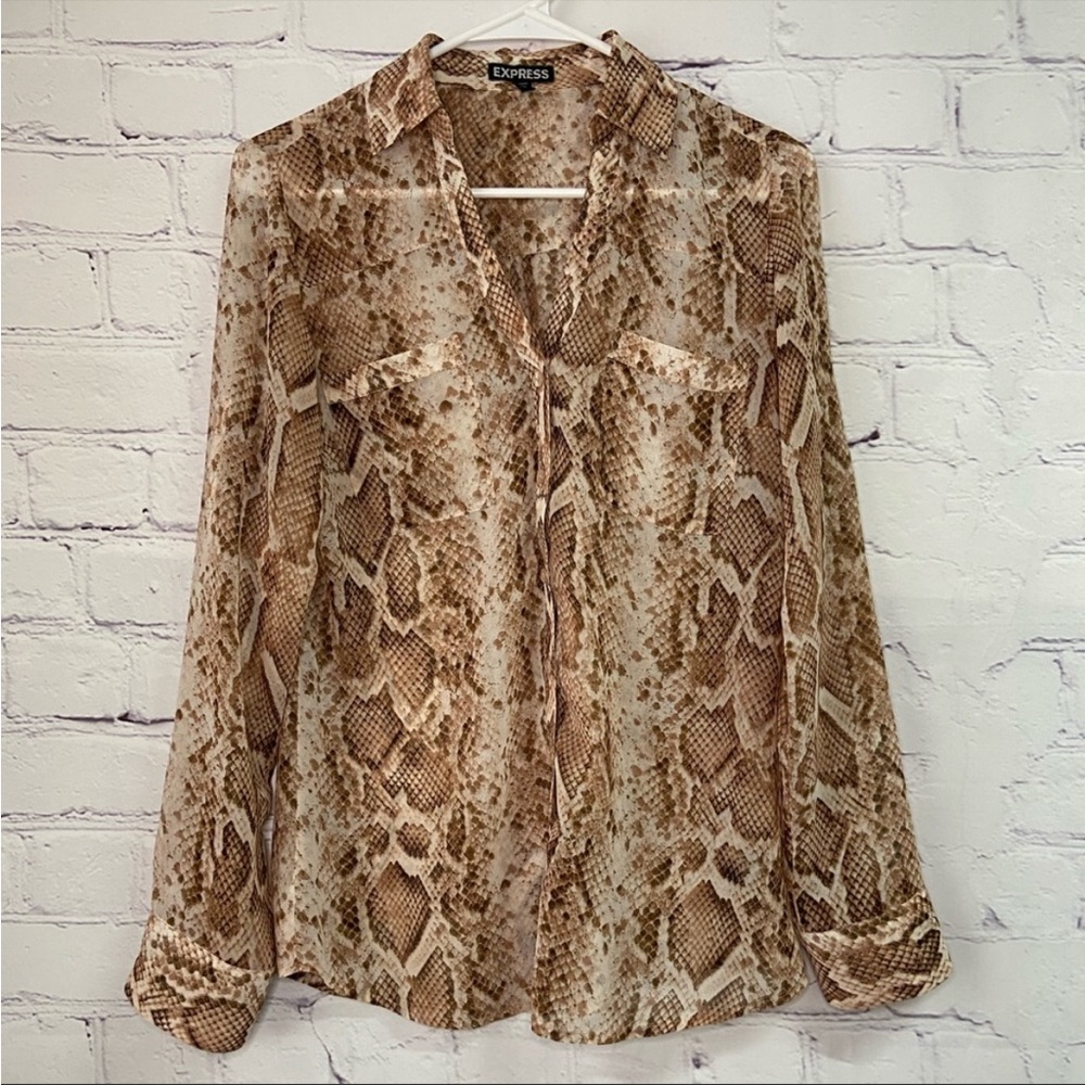 Portofino Express Brown Snakeskin Print Sheer Long Sleeve Button Down Blouse